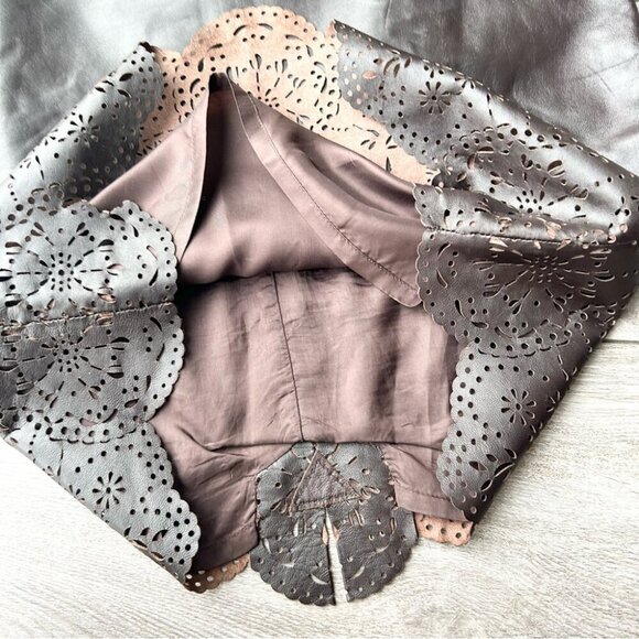 Peter Nygard Brown Buttery Leather Laser Cutout Hem Midi Skirt - Picture 5 of 13